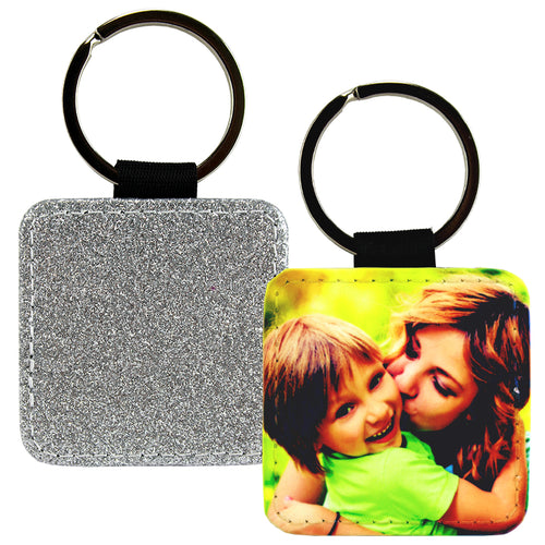 Sublimation Blank PolyLeather Glitter Keychain - Square - Silver