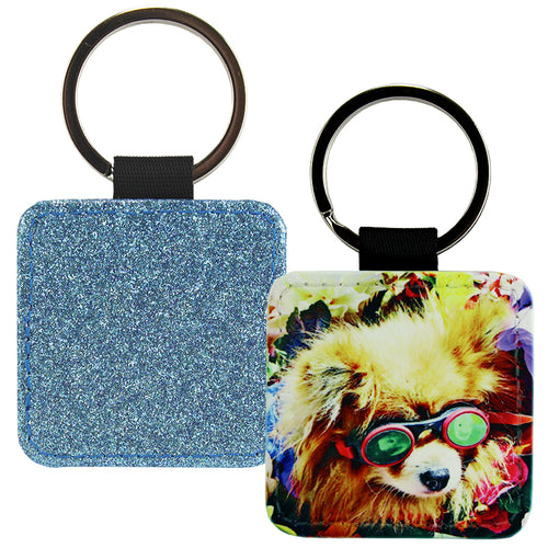 Sublimation Blank PolyLeather Glitter Keychain - Square - Blue
